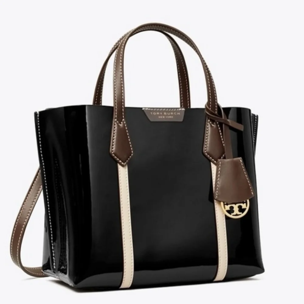 EXCELLENT TORY BURCH PERRY PATENT SMALL TRIPLE COMPARTMENT TOTE BAG - BLACK